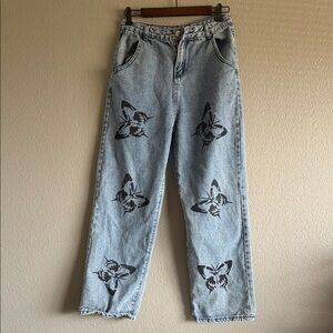 Light Wash Blue Butterfly Print Women's Jeans